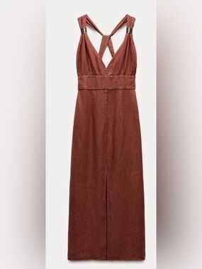 Zara Sleeveless Rust Maxi Dress with Crisscross Back/ 100 % Linen/ Size Medium